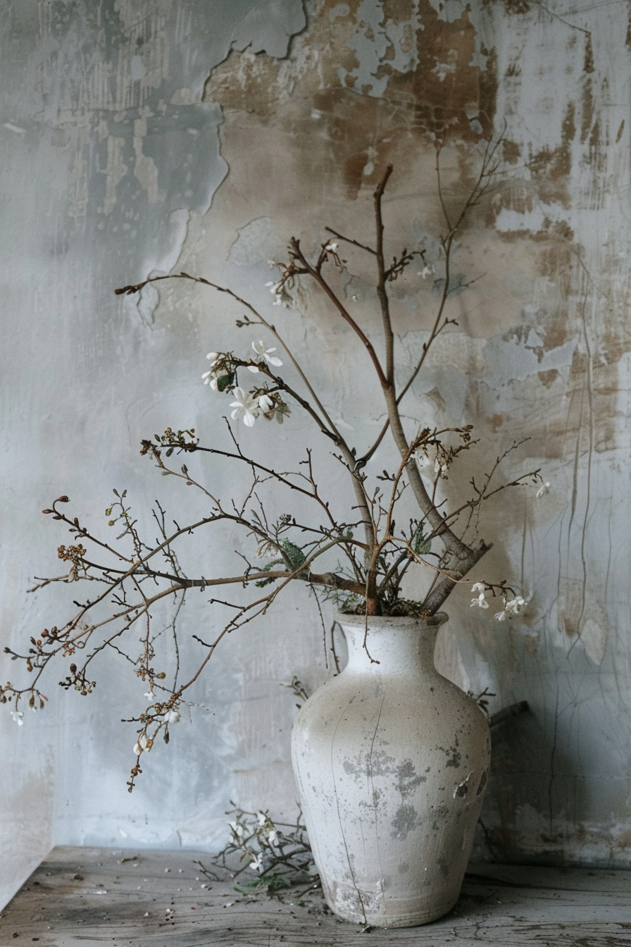 A weathered vase with branches and flowers against a peeling wall, creating a serene, rustic atmosphere.