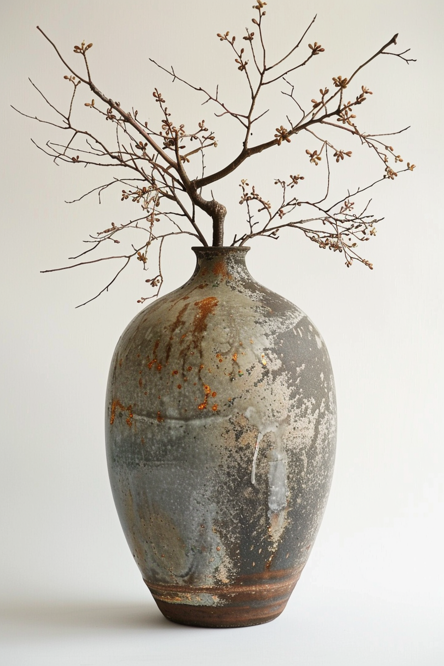 A large ceramic vase with a rustic finish containing sparse branches with small buds against a neutral background.
