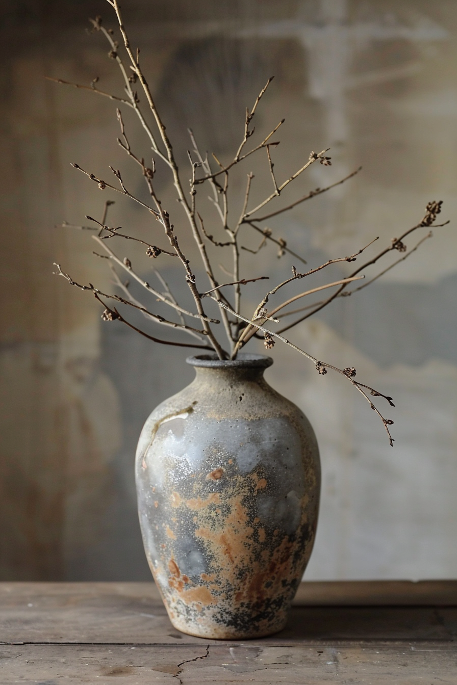 A rustic ceramic vase on a wooden table with dried branches sticking out against a blurred background.