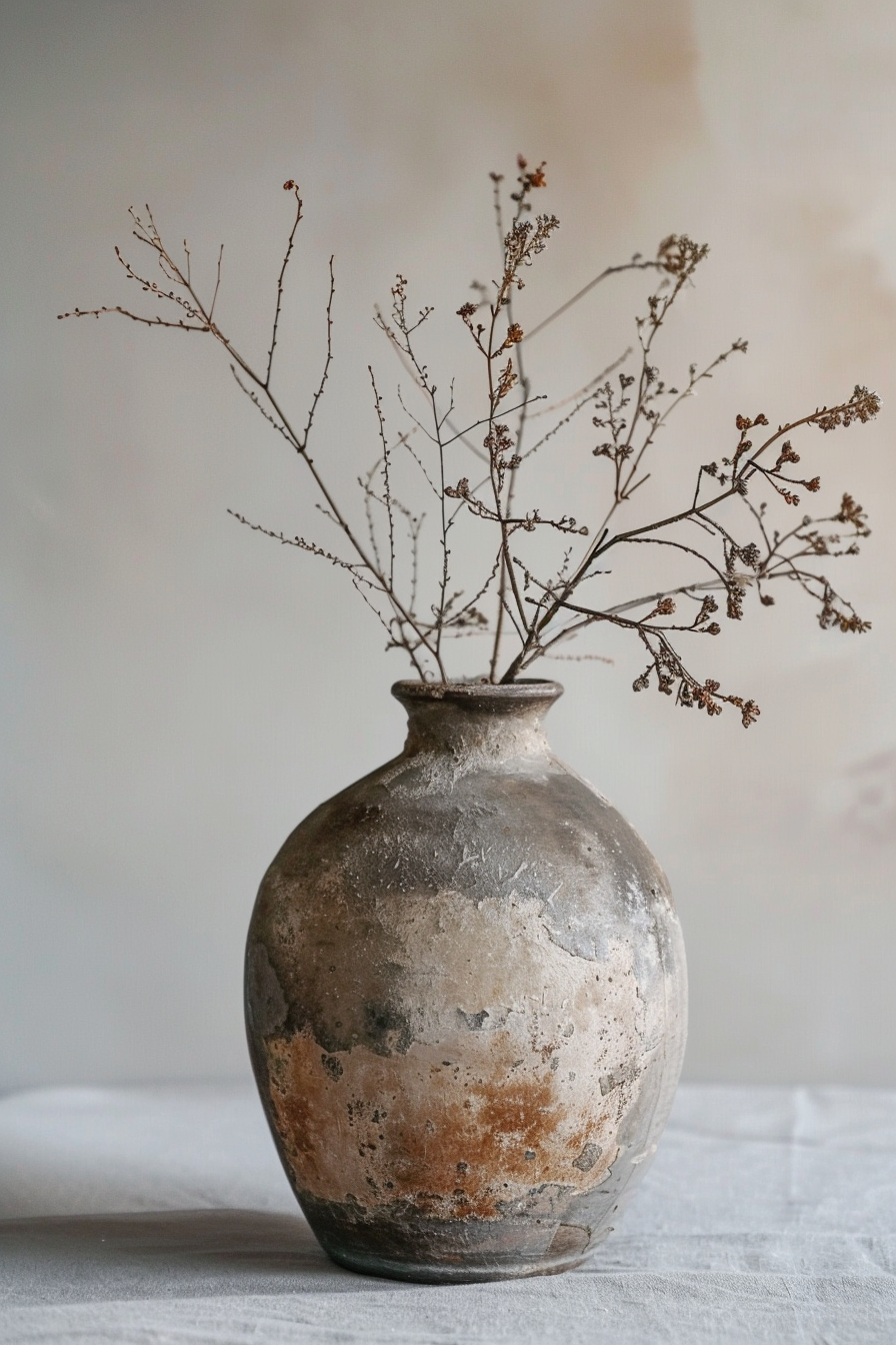 A rustic, weathered vase on a linen cloth with dried branches arranged inside it, set against a neutral background.