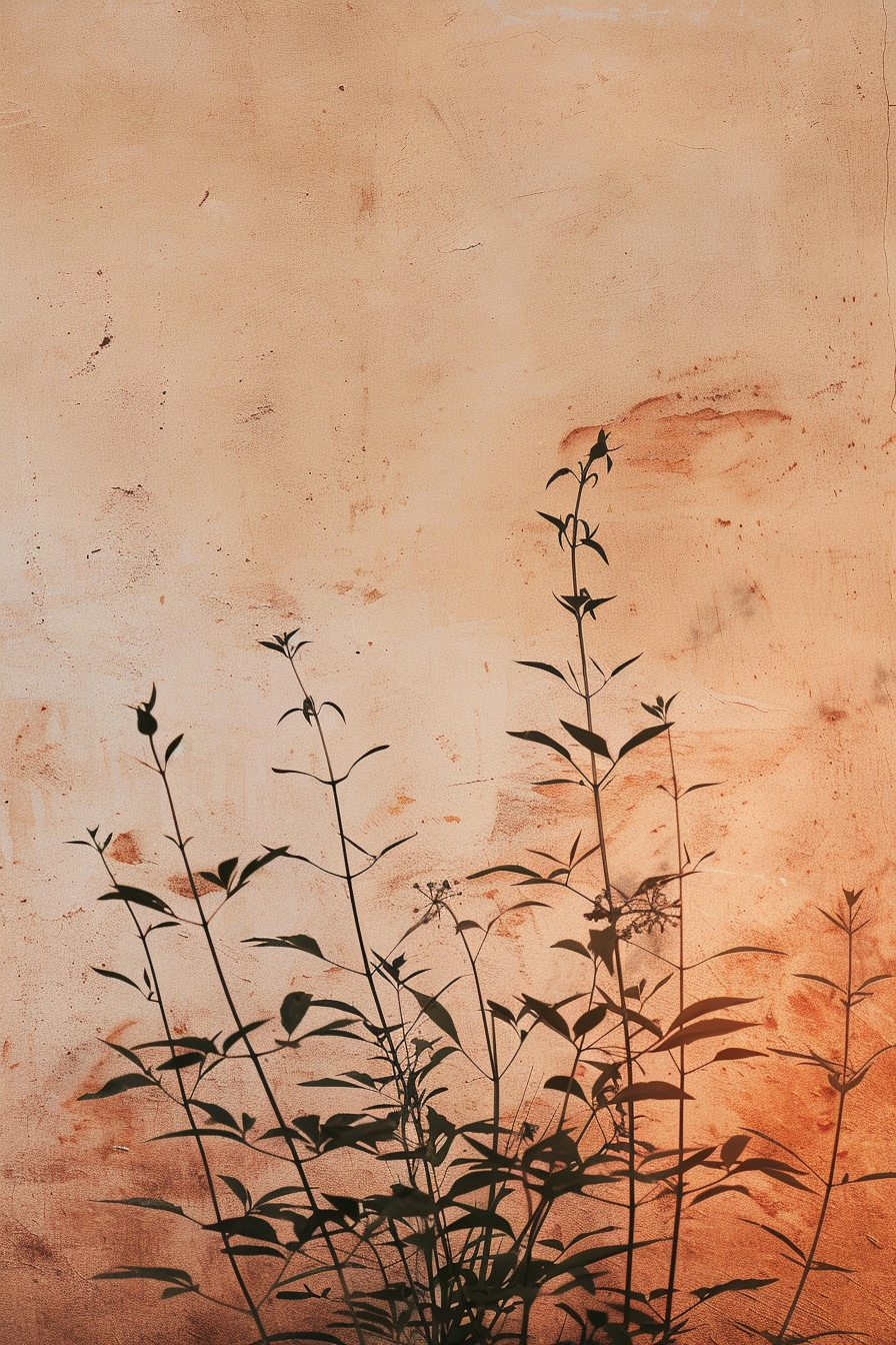 Plants silhouetted against a textured orange wall, creating a serene, shadowy scene.