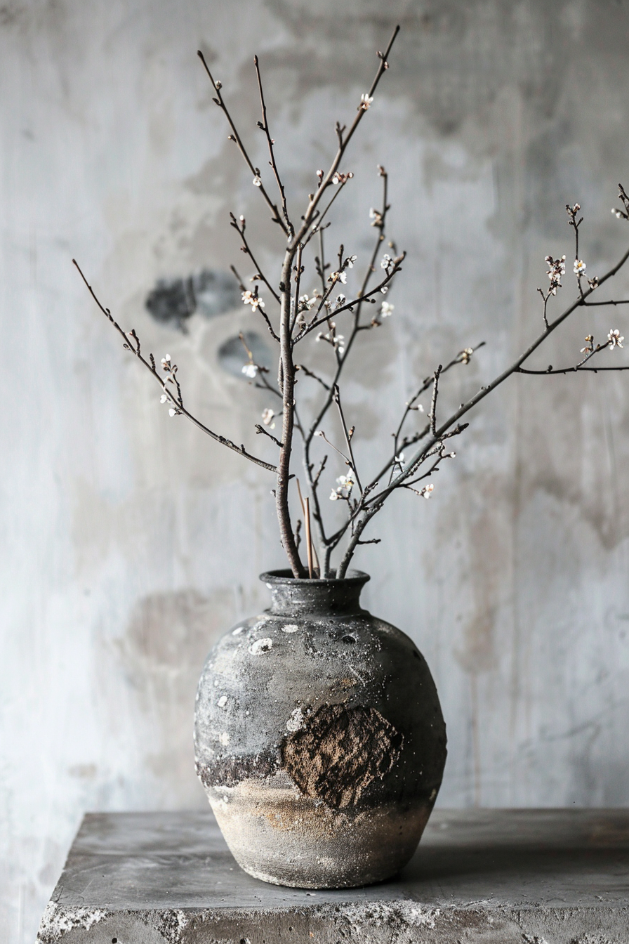 Rustic ceramic vase on a textured table with budding branches against a mottled gray wall.