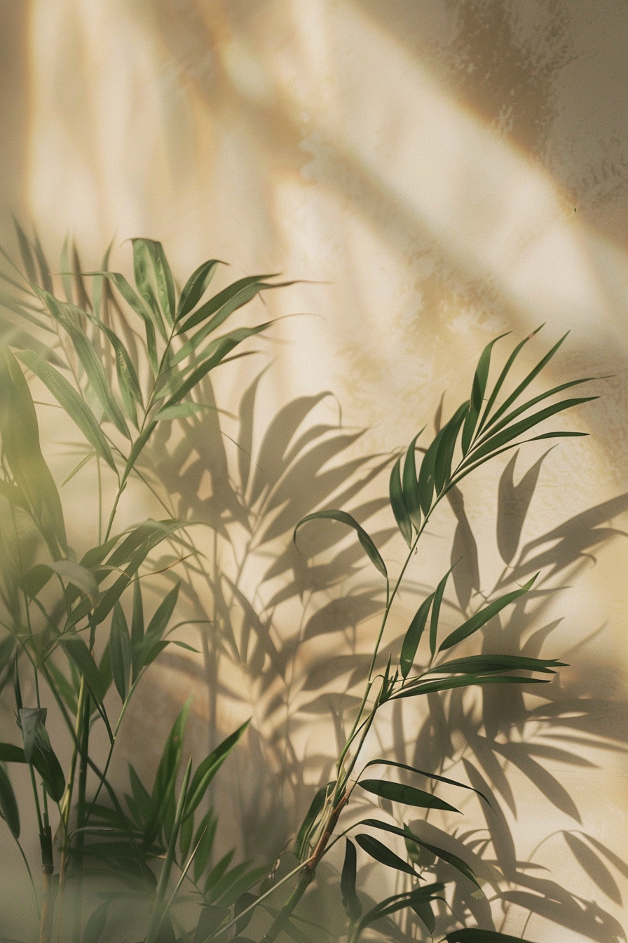 Houseplant leaves with sunlight creating shadows on a beige wall, evoking a tranquil, warm atmosphere.