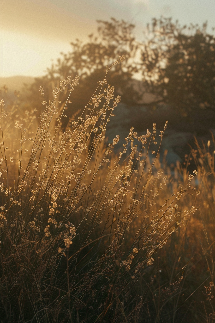 Sunset light illuminating a field of tall grasses, casting a warm golden glow over the scene.