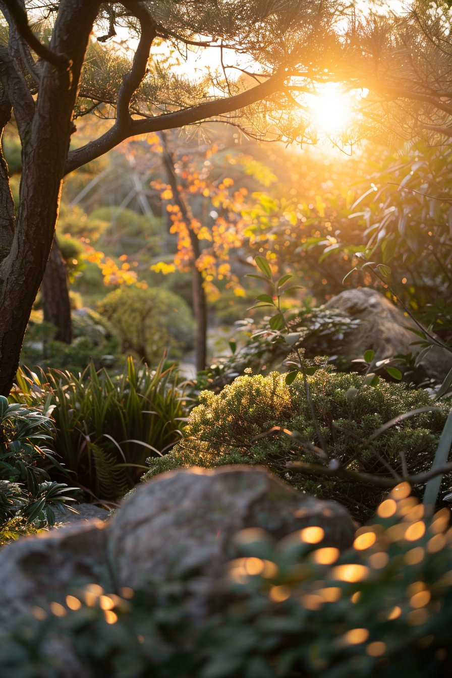 Sunset filtering through a serene garden with soft golden light highlighting trees, rocks, and foliage.