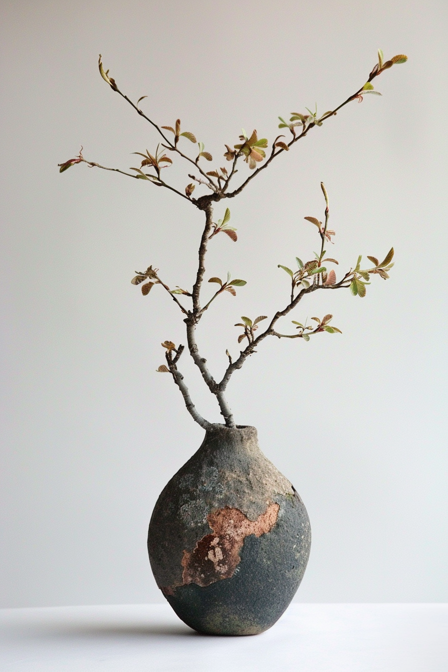 A rustic vase with a budding branch against a neutral background.