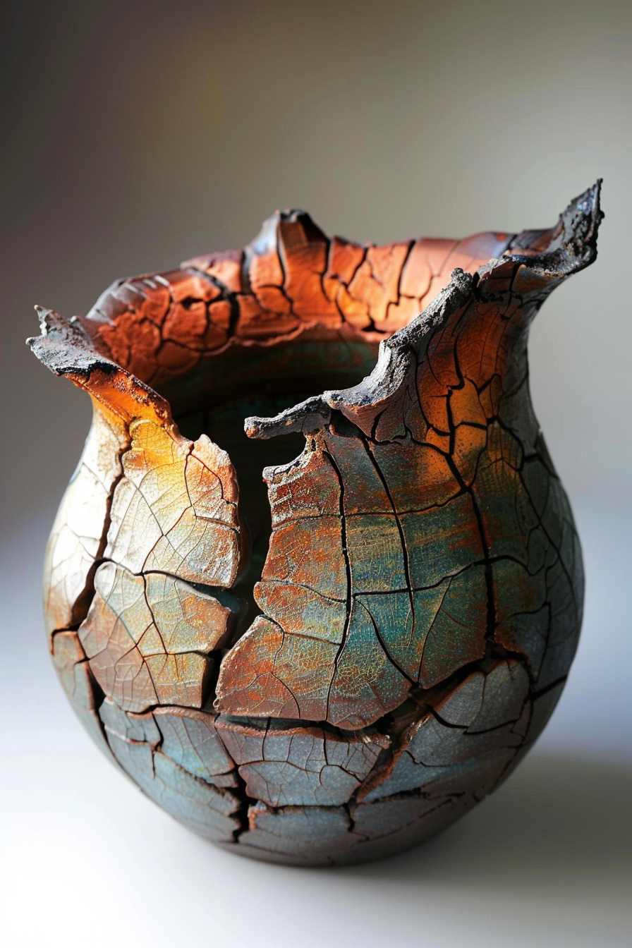 The image shows a close-up of a ceramic pot with a cracked and textured surface. The pot has earthy colors, ranging from deep browns to aqua blues, and the intricate crackle pattern resembles the organic lines found in natural elements like dried earth or tree bark. The vessel appears aged or intentionally distressed, with uneven, jagged edges suggesting it might be a piece of art or a decorative object. Ceramic pot with earthy tones and intricate crackle glaze texture, artfully distressed.