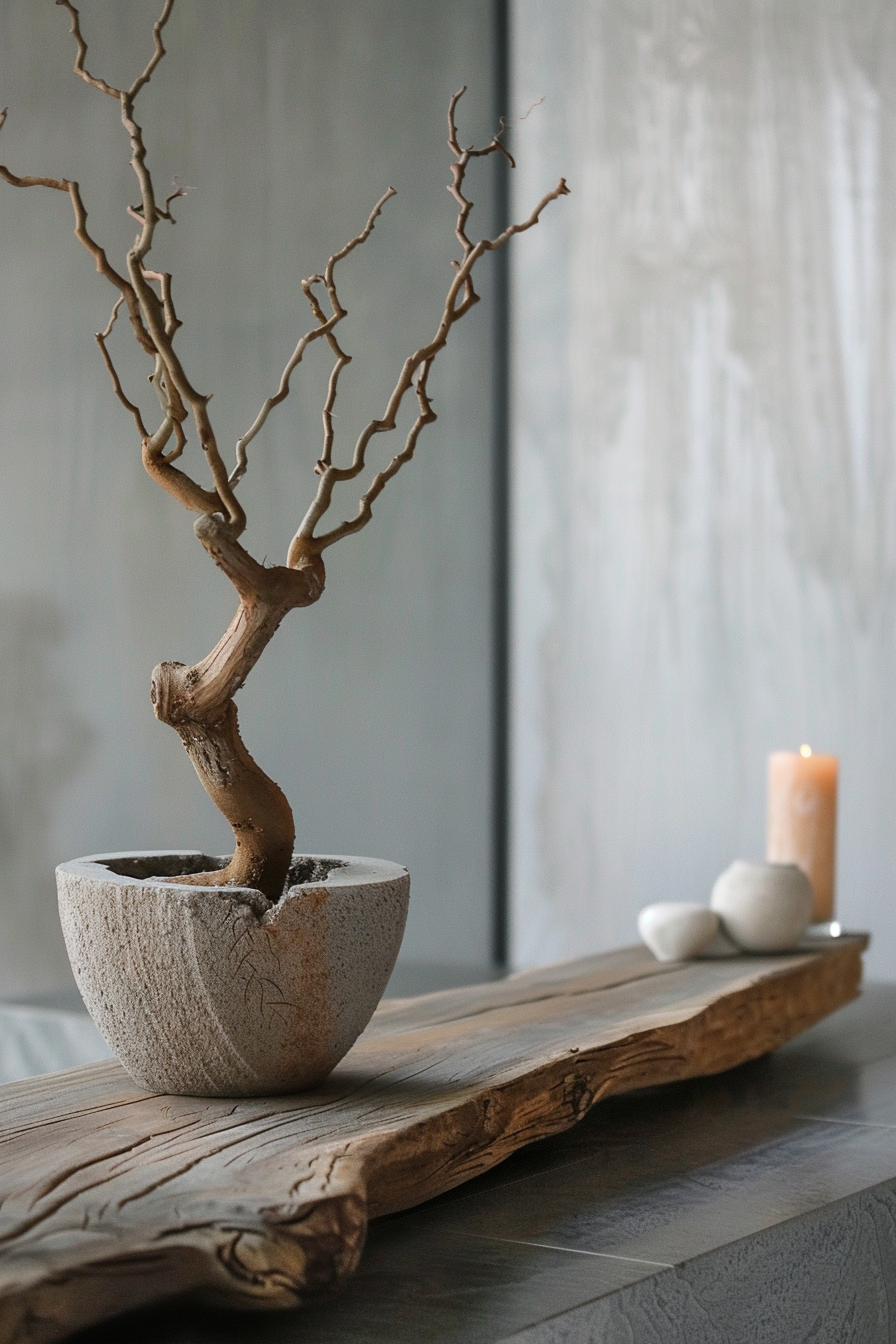 The image shows a minimalist scene of a leafless tree in a textured pot, set on a rustic wooden plank. Beside it, there's a lit candle and two smooth white stones. The backdrop is a soft-focus grey wall, adding to the peaceful and tranquil atmosphere. A serene table display with a bare tree in a pot, candle, and stones on a wooden plank.