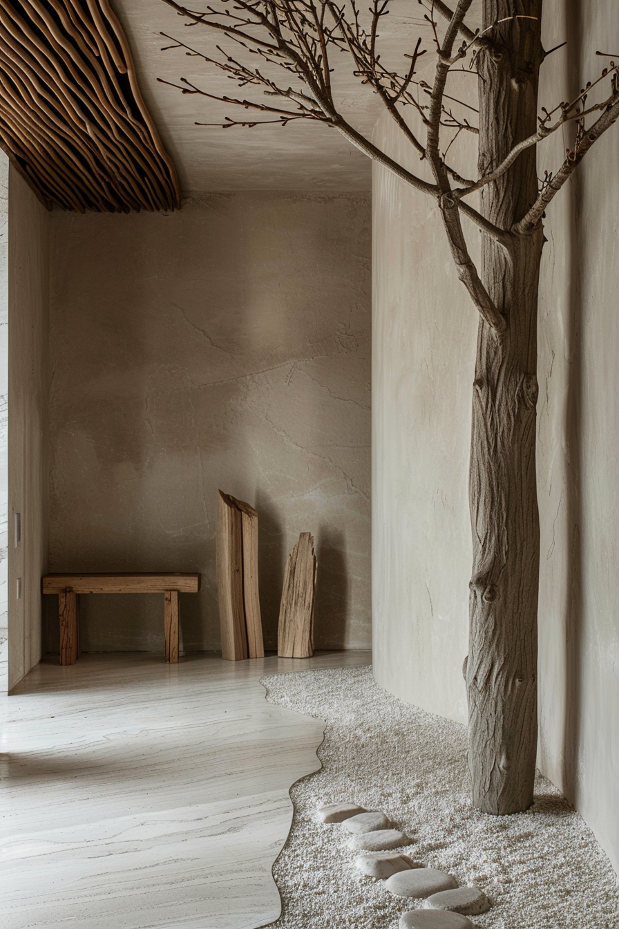 The image shows a serene and minimalist indoor space that imitates natural elements. On the right side, there's a textured wall with a tree-like sculpture that blends seamlessly into the wall, creating an illusion that a real tree is growing within the room. The branches of the sculpture extend outwards, bare and detailed. On the left, against another wall, there's a wooden bench and two wooden pieces that resemble cut logs, adding to the natural feel of the room. The floor is a sweeping light wood with contoured edges that mimic the shoreline, transitioning into a white pebble area, suggesting a beach or a small zen garden, which enhances the calm and organic atmosphere of the space. Minimalist indoor space with tree sculpture, wooden bench, and pebble area mimicking nature.