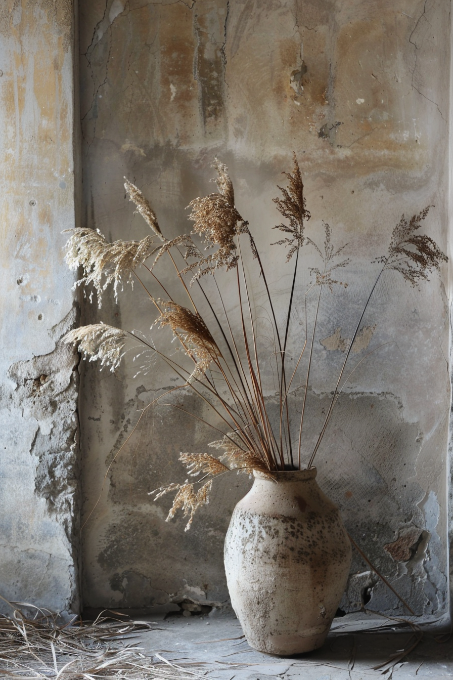 The image shows a rustic scene with a vase containing dried plants. The vase is speckled and placed on a dusty floor against a wall with peeling paint. The wall is streaked with grime, giving the scene an aged and abandoned look. Aged vase with dried plants against a peeling and grimy wall.