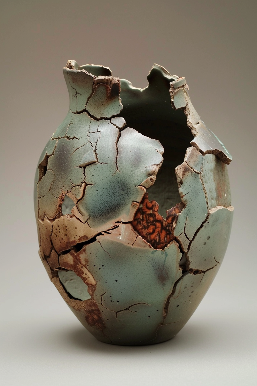 The image shows a ceramic vase with a distinctive cracked surface, revealing various shades of brown and teal. The vase has a rough, textured appearance, and it looks both artistic and aged, as if the cracks were intentionally created to add to its aesthetic. Ceramic vase with artistic crackled surface in brown and teal colors.