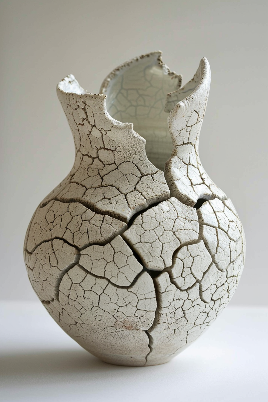 The image shows a close-up of a ceramic vase that has a uniquely textured surface which resembles cracked earth. The vase has an irregular opening at the top, suggesting a natural or organic formation. The off-white color of the vase enhances the visible texture, giving it a rustic and artistic look. Ceramic vase with cracked earth texture and irregular top on a plain background.