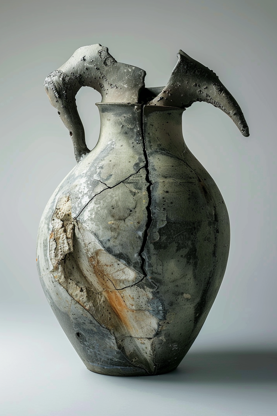 The image displays an ancient ceramic vessel with two broken spouts. The body of the vessel is grey with discoloration and crack lines indicating age and wear. Multiple large cracks are visible, one of which has split the pot, but the pieces are still held together forming the original shape. The background is a soft, gradient grey, which gives the object a highlighted and central focus. Ceramic vessel with broken spouts and crack lines, indicating historical significance and wear.