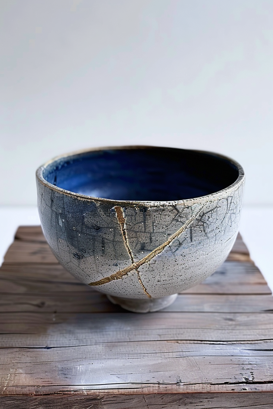 The image displays a ceramic bowl with a distinctive crack repaired using the Japanese kintsugi technique, where the crack is filled in with a special lacquer dusted with powdered gold, giving the bowl a unique appearance where the repair is part of the design. The bowl is placed on a wooden surface against a white background. Ceramic bowl with gold kintsugi repair on wooden surface.