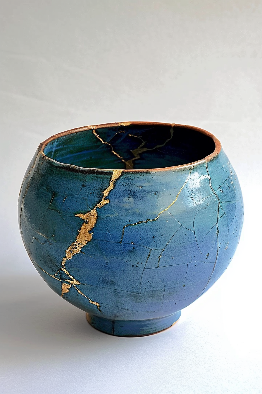 The image displays a blue ceramic bowl with a cracked pattern, repaired using the traditional Japanese kintsugi technique, where the cracks are highlighted with gold. Ceramic bowl with blue glaze and gold kintsugi repair on a plain background.