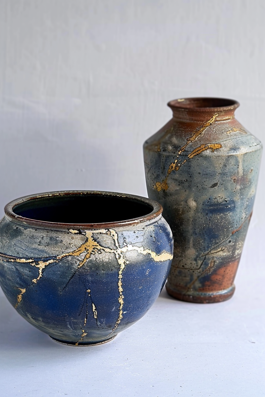 The image shows two ceramic pots with a rustic finish, featuring a unique kintsugi repair technique where the cracks are filled with gold, standing against a white backdrop. Two kintsugi-repaired ceramic pots with gold-filled cracks against a white background.