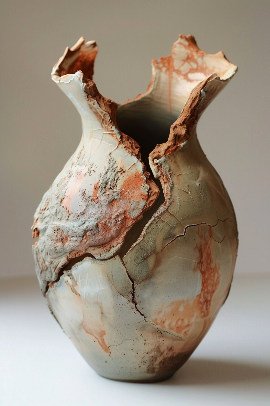 The image displays a unique ceramic vase with an asymmetrical, broken appearance, featuring earthy tones and a cracked texture. Ceramic vase with an organic, broken design and earthy color palette.