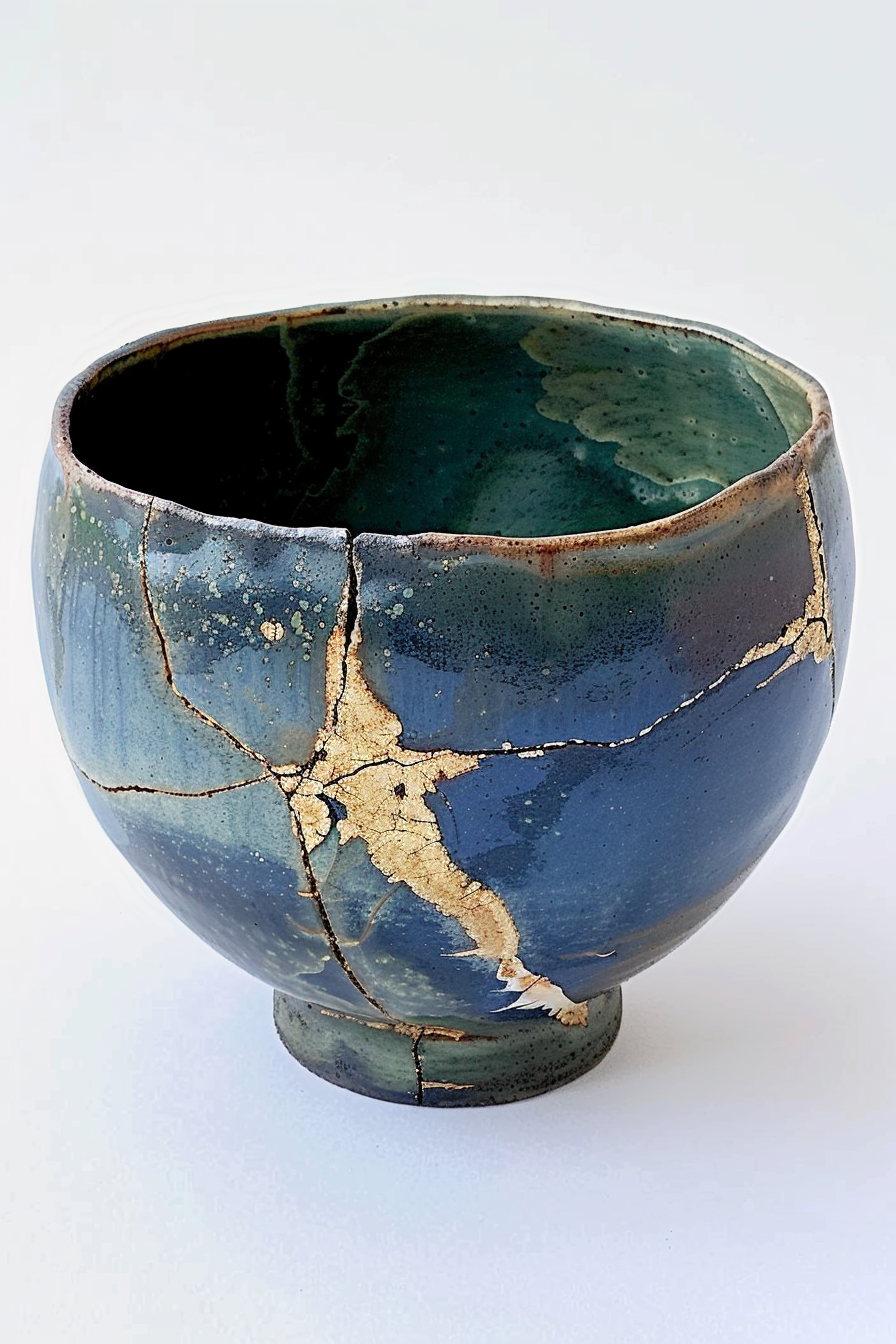The image shows a ceramic bowl with a dark blue glaze on a white background. The bowl exhibits a Kintsugi repair technique, where the cracks are mended with a lacquer mixed with powdered gold, resulting in a beautiful, contrasting golden seam. Ceramic bowl with blue glaze repaired using Kintsugi, highlighting golden seams.