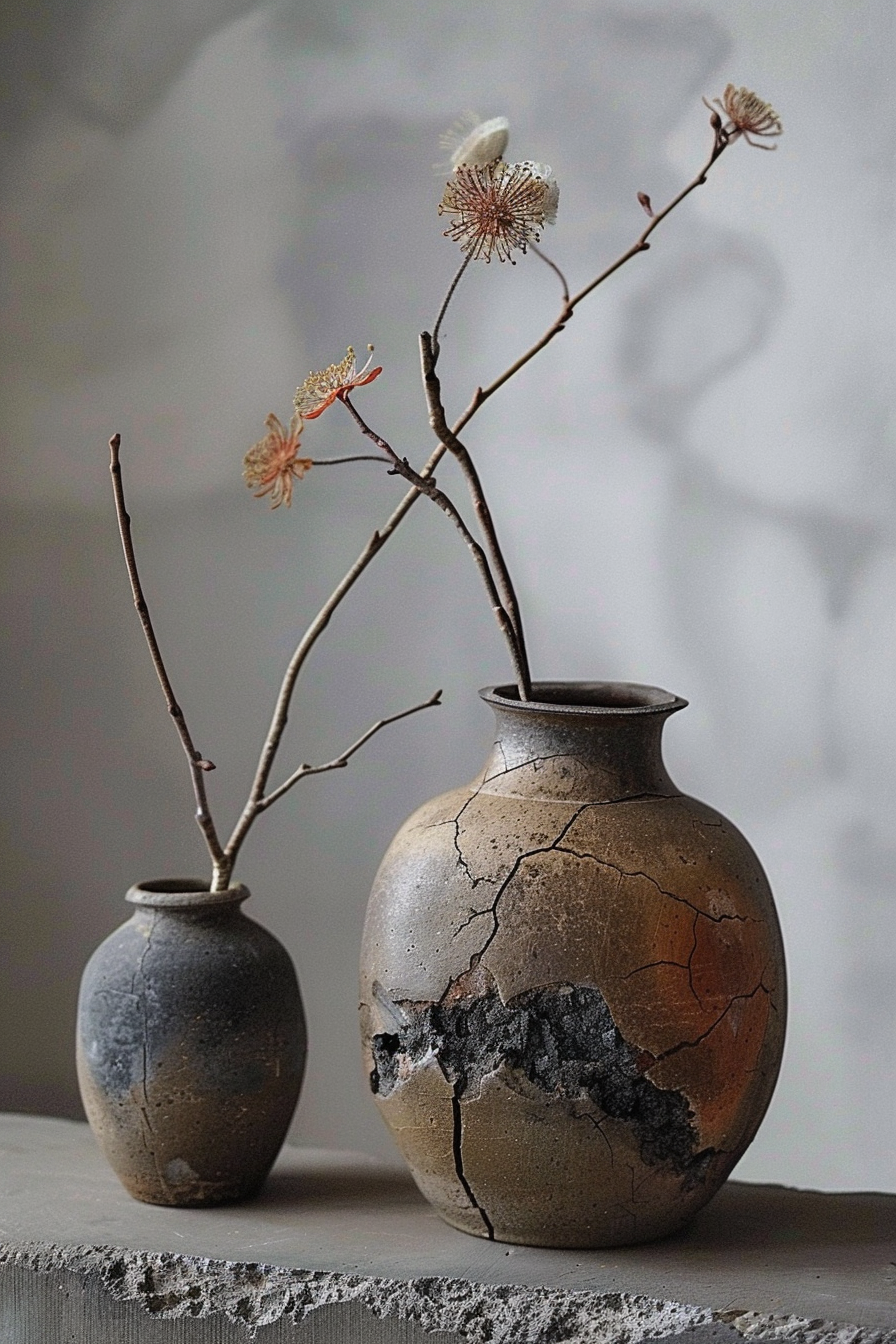 The image displays two ceramic vases on a flat surface with a neutral background. The smaller vase on the left is a darker shade, while the larger one on the right has multiple colors with visible crack patterns. Both vases hold dried branches with sparse, delicate remnants of flowers or seed heads. The overall tone is rustic and artistic, with a focus on the textures and natural imperfections. Two rustic vases with branches, larger one with crackle glaze, set against a soft background.