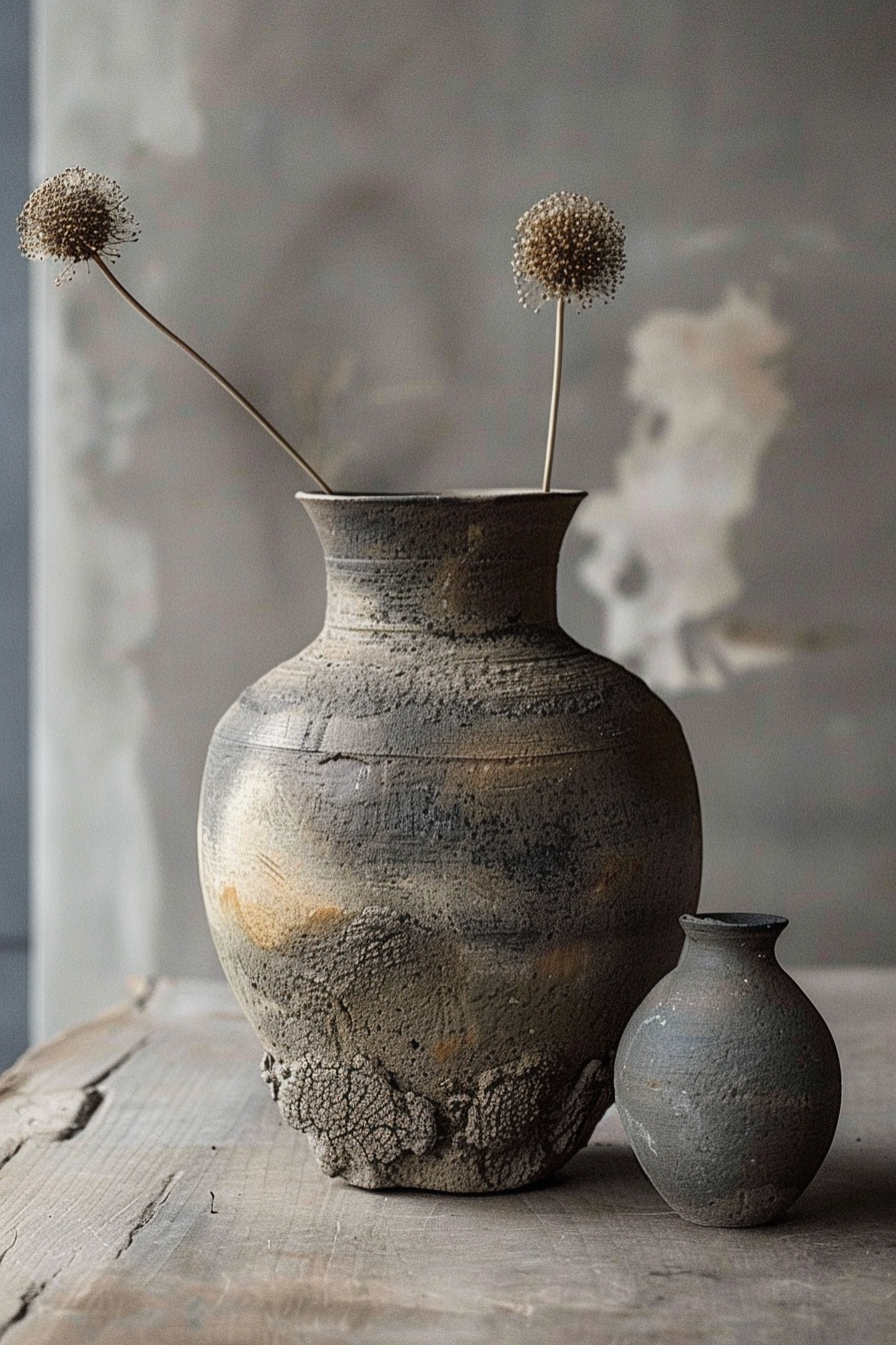The image shows two ceramic vases of differing sizes and textures on a wooden surface. The larger vase has a rugged, weathered texture with a blend of gray and earthy tones, featuring two dried round floral stems. The smaller vase has a smoother finish with muted gray tones. Rustic large and small ceramic vases on wood, with dried floral stems in the larger one.