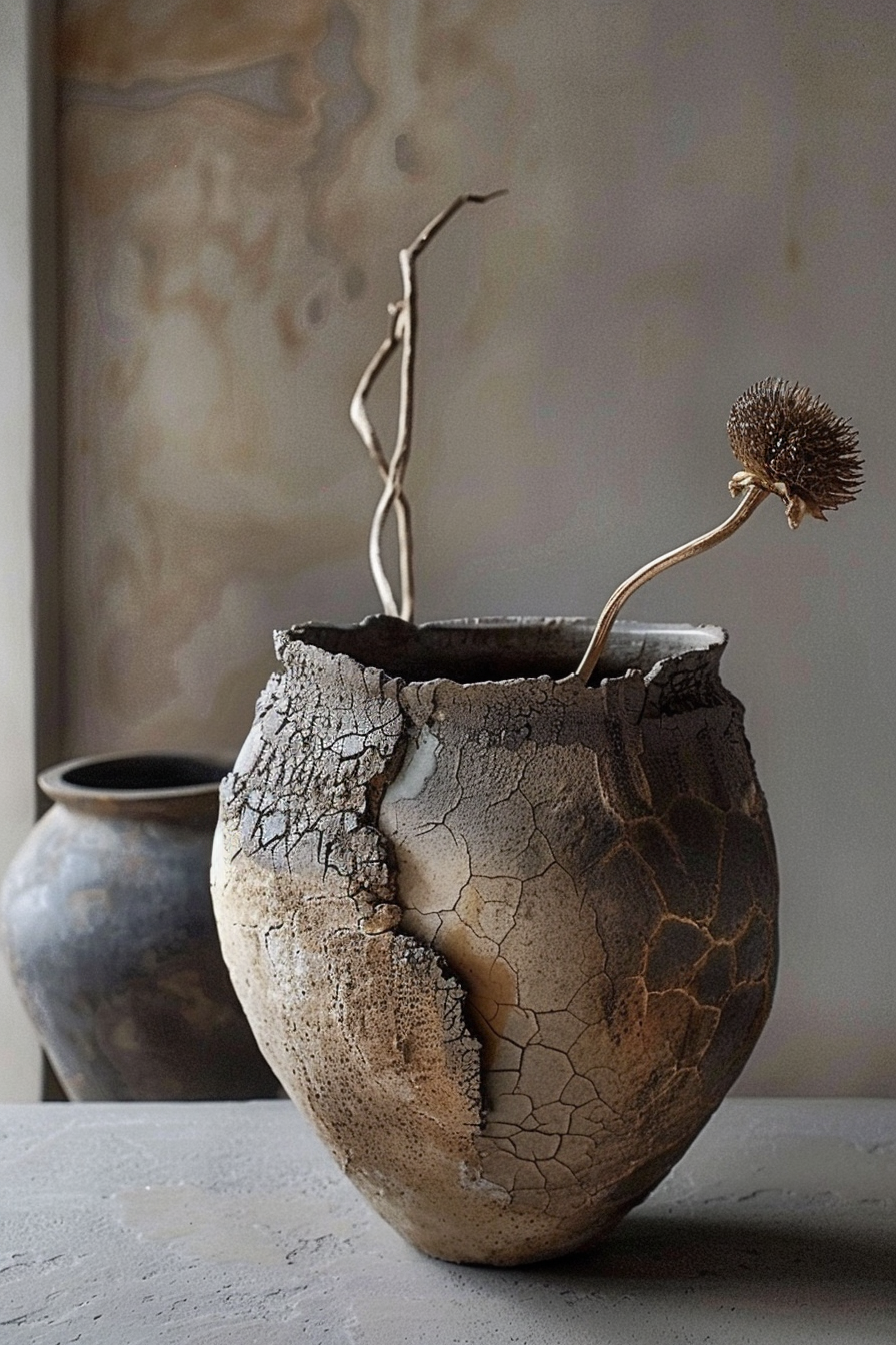 The image depicts two ceramic pots on a flat surface with a neutral color palette. The pot in the foreground has a rough, textured surface with a crackled design and seems aged or styled to appear so. It contains two dry plant elements: one branch standing upright and one with a round, spiky seed pod dangling on a stem. The background features a second, more subdued pot and a wall with soft, marbled patterns. Textured ceramic pot with dry branches on a neutral background.