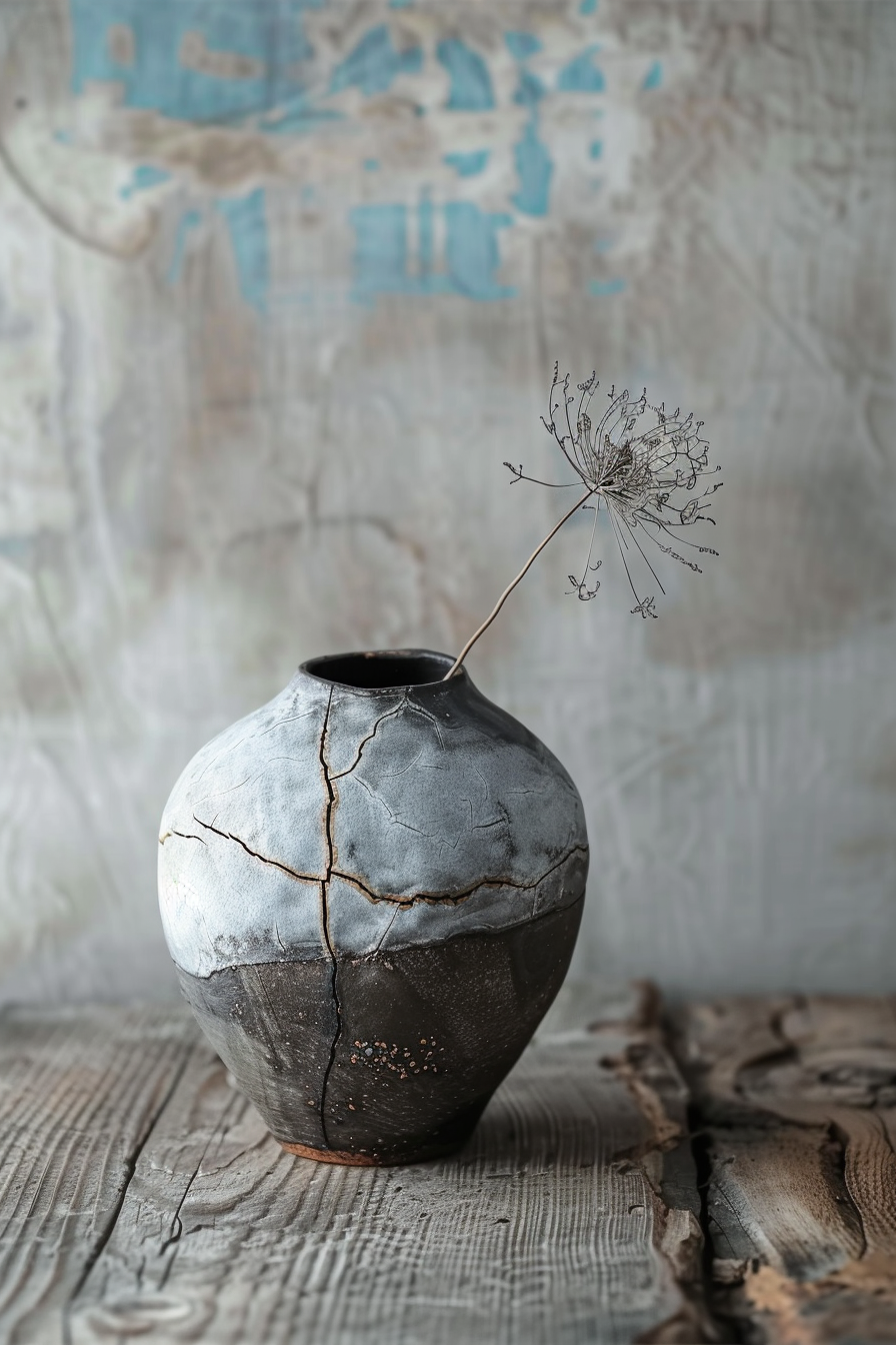 The image showcases a round, textured ceramic vase with a rustic, cracked finish, resting on a weathered wooden surface. A single dried plant with a delicate branching structure is placed inside the vase, contrasting with the vase's sturdy form. In the background, there is a faded wall with patches of torn wallpaper or paint, contributing to the overall aged and vintage aesthetic of the scene. A rustic ceramic vase with a dried plant on a weathered wooden table, against a textured wall.