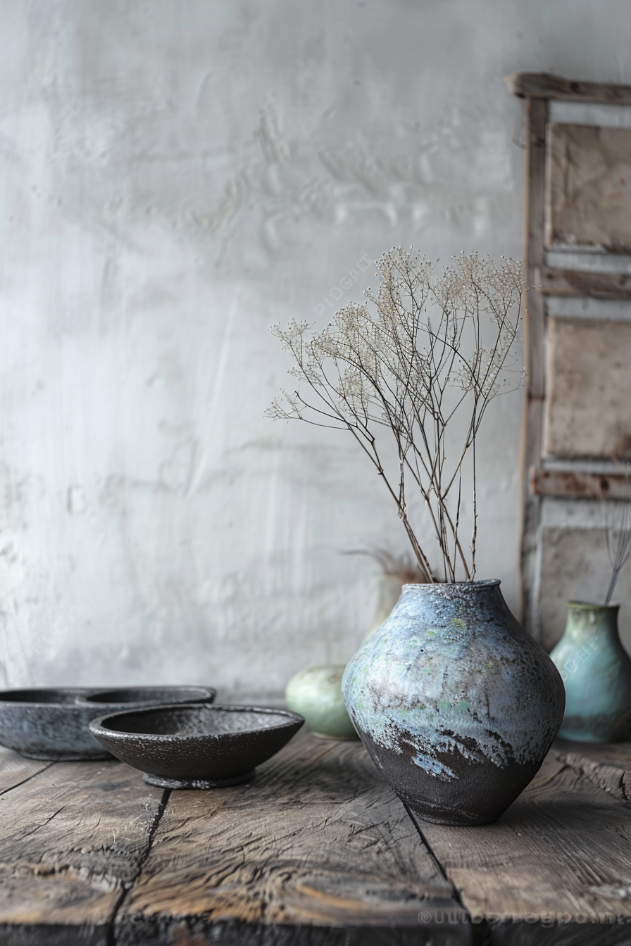 The image shows a rustic scene with an aged wooden table upon which sits a blue ceramic vase containing dried baby's breath flowers. Adjacent to the vase are two shallow ceramic bowls with a rough texture. In the background, another ceramic vessel in green shades is partially visible, and there is a blurred image of a wooden ladder against a white distressed wall. Rustic wooden table with a blue vase, dried flowers, ceramic bowls, and a ladder in the background.