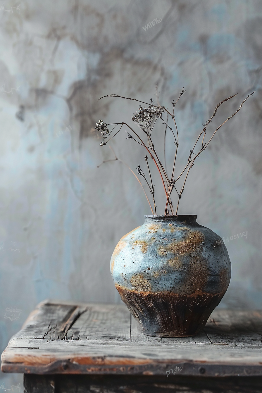 The image shows a rustic ceramic vase with a textured blue and brown glaze, sitting on an old wooden table. Dried delicate plants with small branching stems and sparse seed heads protrude from the vase, adding a natural and minimalist aesthetic to the scene. The background is abstract with soft focus, featuring muted tones that complement the colors of the vase and plants. Handcrafted ceramic vase with dried plants on a weathered wood table, artistic background.