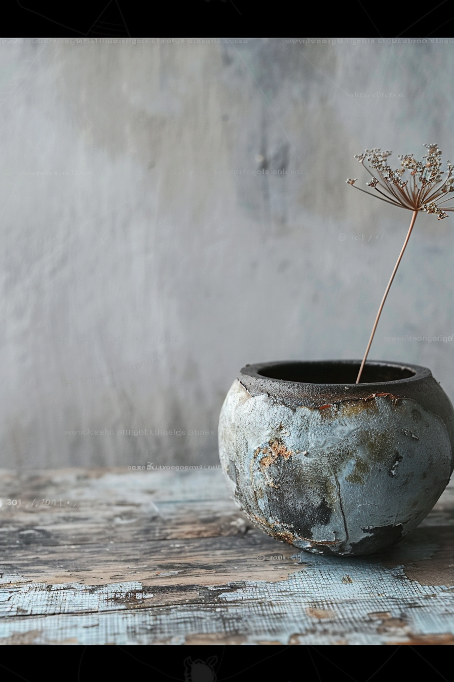 The image features an old textured pot with a rustic appearance placed on a distressed wooden surface. The pot has a weathered look with flaking layers of blue and gray paint revealing hints of its underlying material, possibly clay. A single dried plant stalk with a small cluster of delicate, branching seed heads emerges from the pot. Behind the pot, there is a backdrop that appears to be a plastered wall with a subtle mix of white and gray tones, which complements the aged aesthetic of the scene. The photograph has a serene and contemplative ambiance, highlighted by the soft, natural lighting that casts gentle shadows and emphasizes the textures. Rustic pot with dried plant on distressed wooden table against plastered wall.
