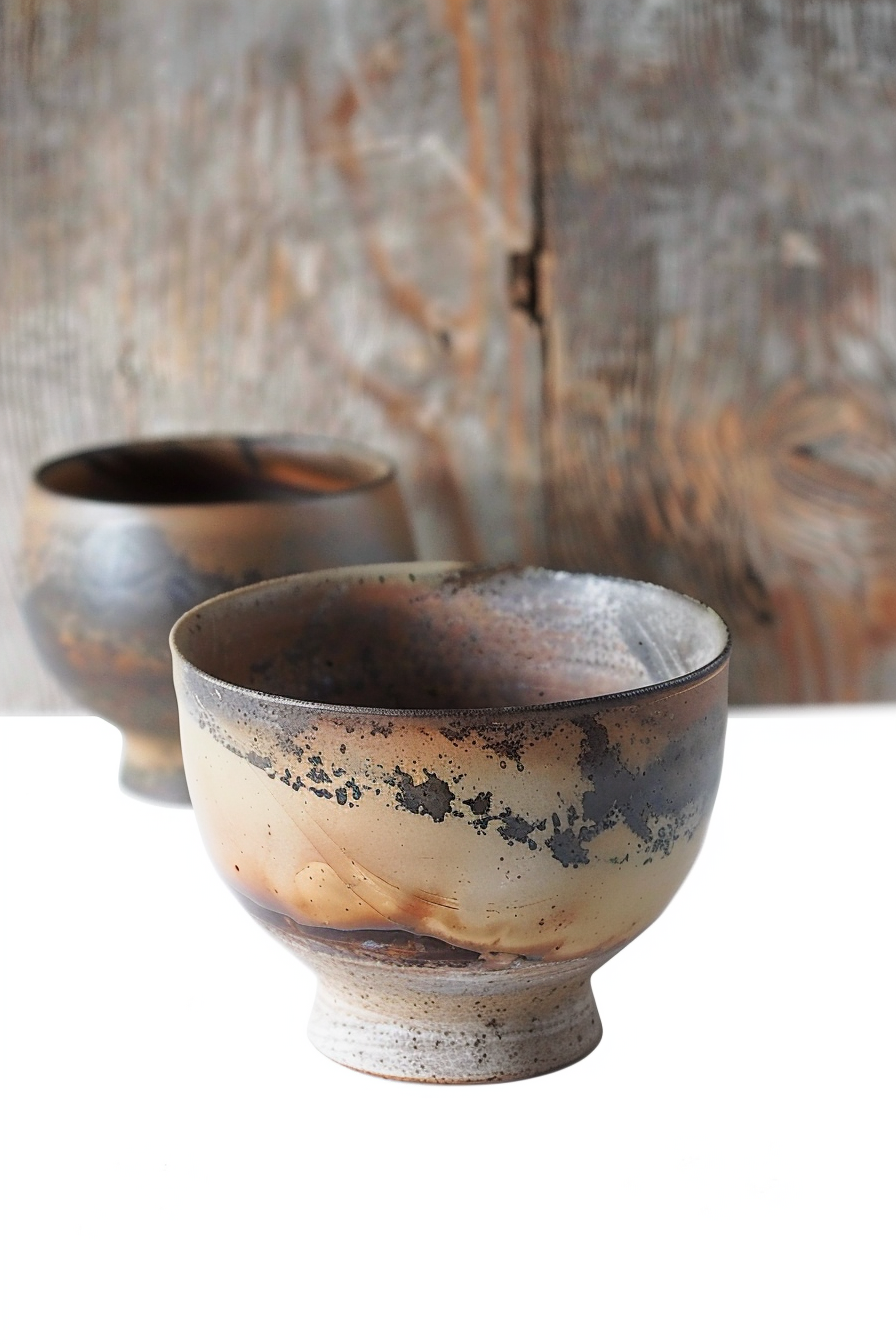 The image shows two ceramic bowls with an earthy and rustic design. The foreground displays one bowl in sharp focus, featuring colors that transition from a light beige at the bottom to a dark brown with speckled patterns near the rim. The bowl is standing on a plain surface, and in the softly blurred background, there is a shadowy outline of a second bowl and a textured wooden backdrop. Handcrafted ceramic bowls with earthy tones and speckled design on a wooden backdrop.