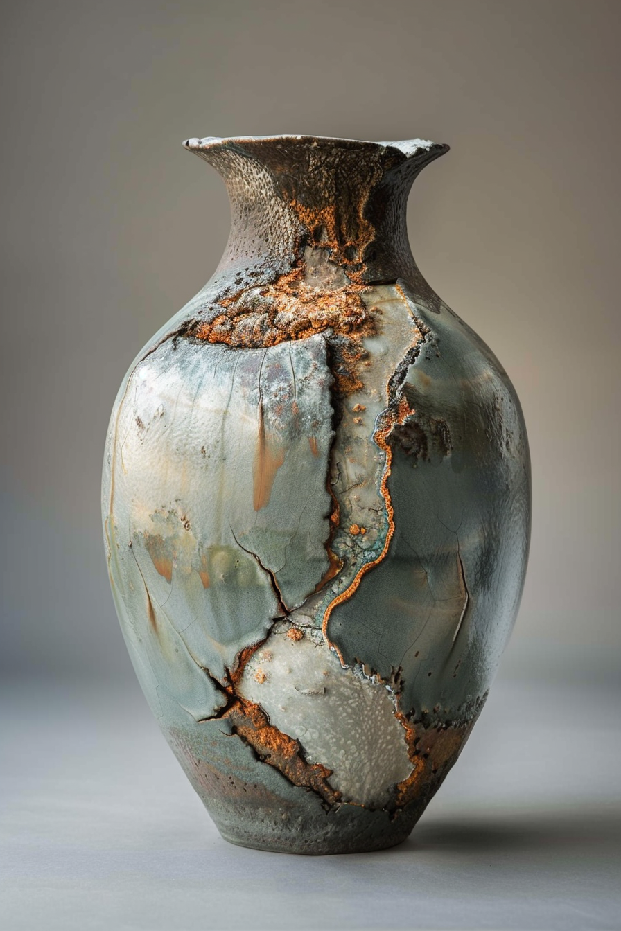 The image showcases a beautifully crafted ceramic vase with a distinctive texture and color pattern. The vase's surface combines tones of blue-green with an intricate, rust-like orange tracing along the edges of what appears to be a natural, crackled pattern. The top of the vase flares slightly and features a brownish-black gradient, which compliments the base colors. The artistry behind the vase suggests a unique glazing technique that highlights the textures and gives the vase an organic, earthy appearance. Ceramic vase with blue-green and rust-orange crackled glaze on a neutral background.