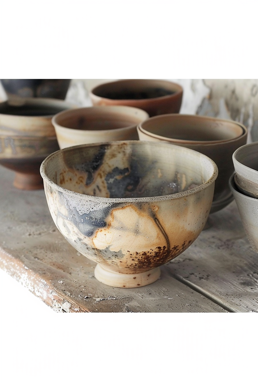 The image displays a variety of pottery bowls with different glazes and finishes. A distinctively glazed bowl is in the foreground on a textured table, with other bowls blurred in the background. Handcrafted pottery bowls with unique glazes on a rustic table.