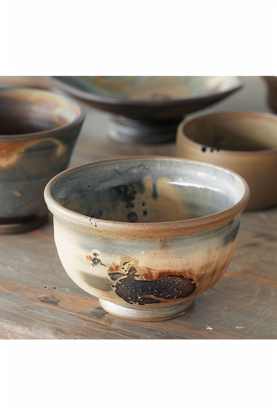 There is a handcrafted ceramic bowl in the foreground with a rough texture and mix of earthy colors ranging from cream to dark brown and black. In the background are two blurred bowls, suggesting a set. The bowl in front has a distinctive glazed pattern that highlights the natural imperfections characteristic of hand-thrown pottery. It sits on a wooden surface that has a rustic appearance. Handmade ceramic bowl with earthy glaze on a wooden surface, part of a set.