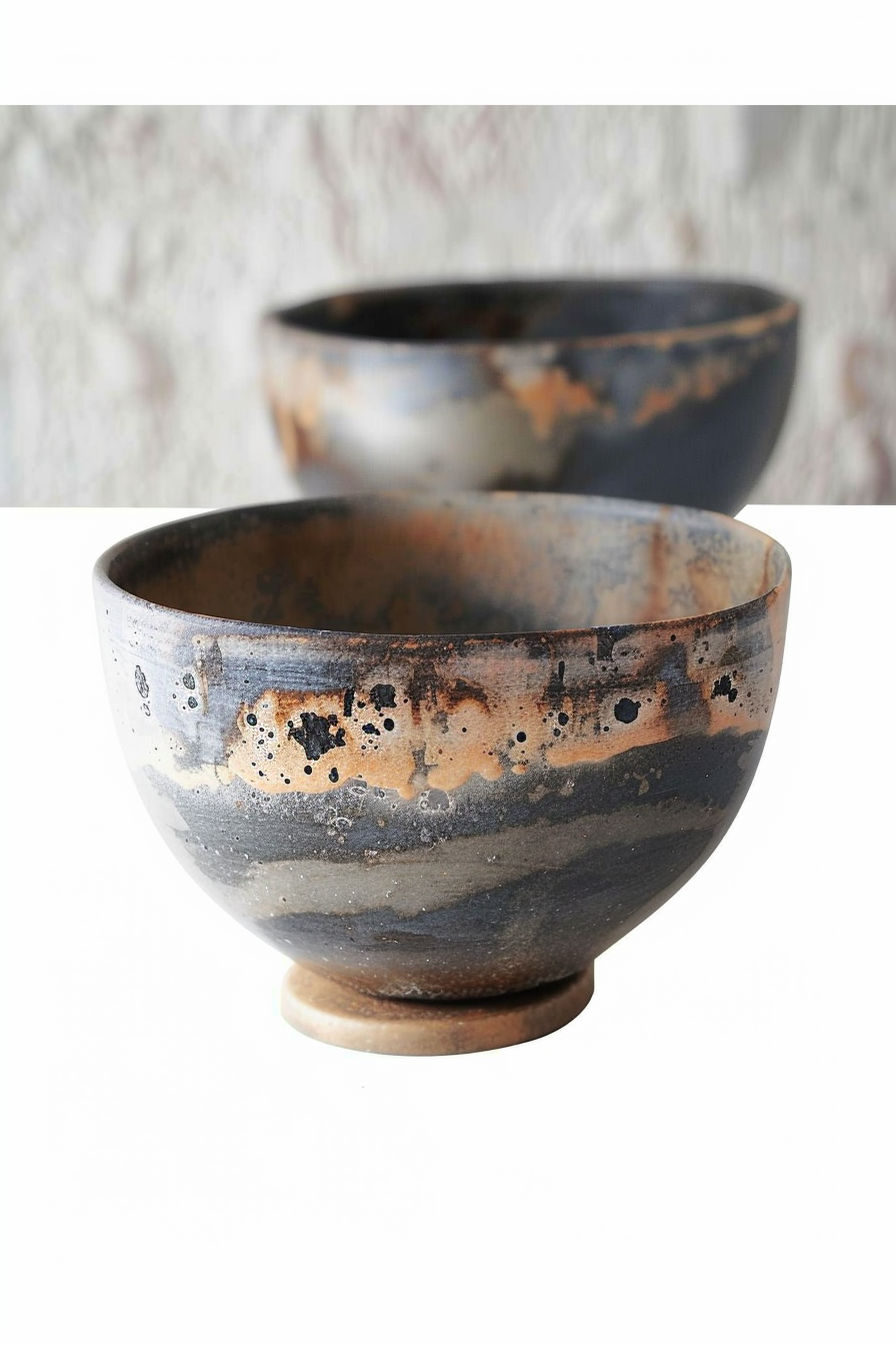 The image displays two handcrafted ceramic bowls with an earthy, natural glaze finish. The bowl in the foreground is fully visible and shows a variety of textures and colors, including blacks, browns, and grays with an intricate pattern resembling speckles and drips. The rim of the bowl is irregular, contributing to its artisanal appearance. The background softly blurs another similar bowl, suggesting a matching set. The background itself is neutral, with a pale, mottled texture that does not distract from the bowls. Handcrafted ceramic bowls with speckled glaze against a neutral background.