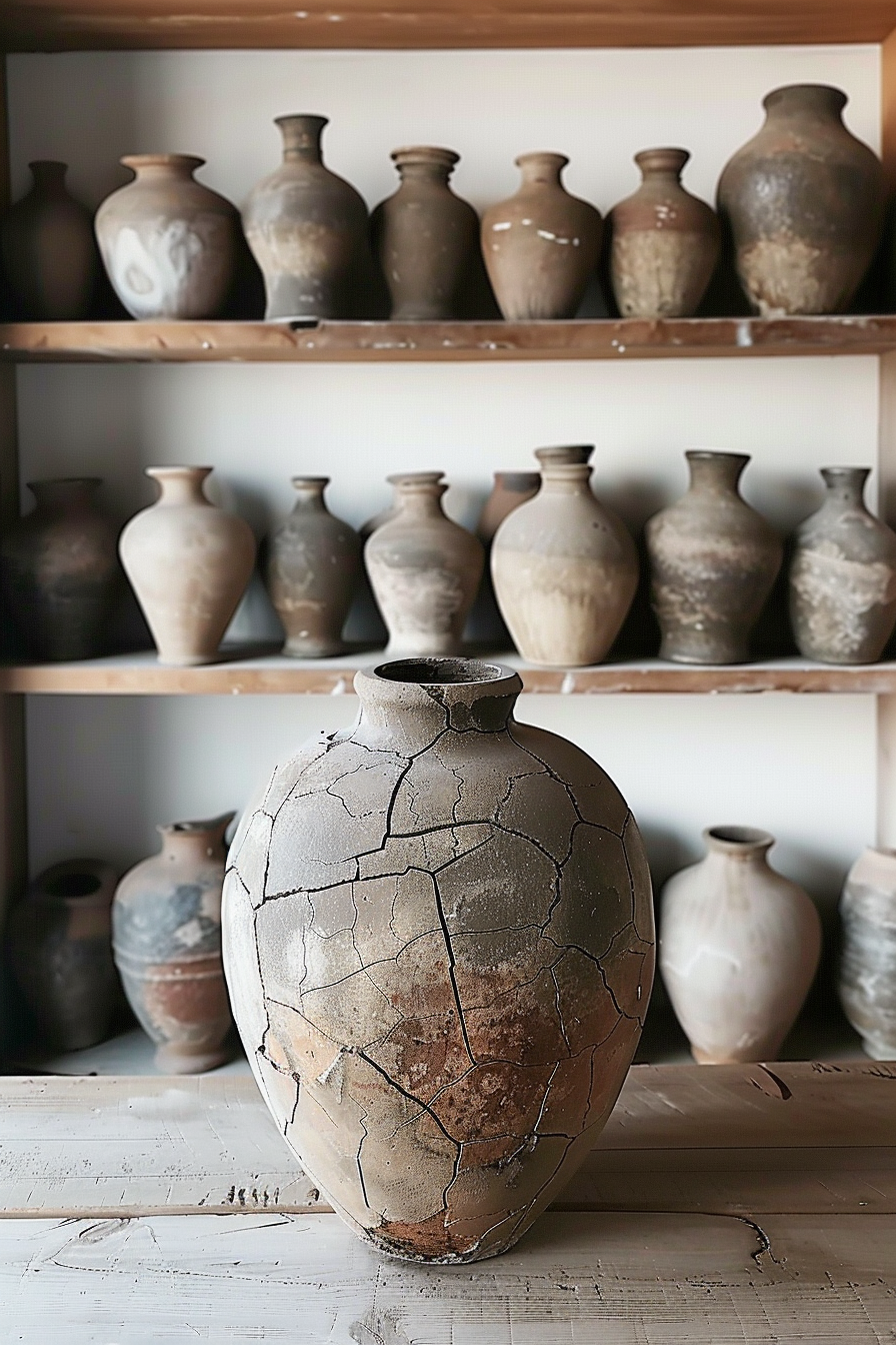The image shows a large, cracked clay pot in the foreground with a significant network of cracks throughout its surface. It is prominently displayed on a wooden shelf or table. In the background, several shelves hold a collection of intact, smaller clay pots of various shapes and sizes, also displaying a rustic appearance. Large cracked clay pot in foreground with collection of rustic pots on shelves in background.