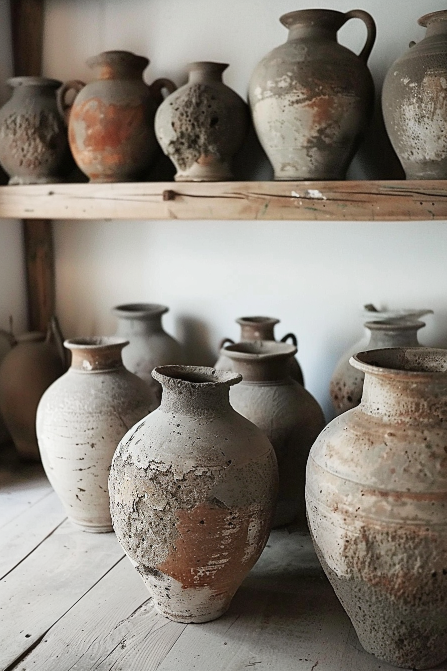 The image shows a collection of old, rustic pottery jars arranged on wooden shelves. The jars vary in size, shape, and color with some exhibiting textures and patterns indicative of wear and aging. The focus is on a large jar in the foreground with visible signs of erosion and patina, standing on a wooden floor that complements the rustic aesthetic. The backdrop is neutral, ensuring the pottery remains the central point of interest. Rustic pottery jars on wooden shelves with focus on a large, weathered vessel in the foreground.
