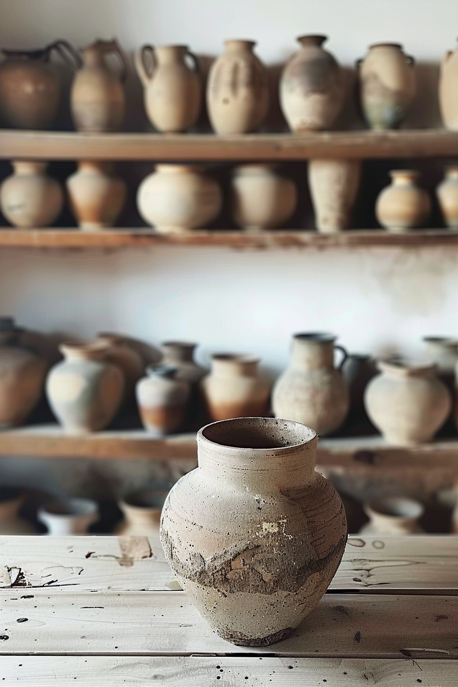 In the foreground, there is a single prominent clay pot placed on a wooden table. The pot appears weathered with visible textures and patterns, suggesting age and handcrafted qualities. The background features a collection of various other pots arranged neatly on wooden shelves that are softly out of focus. These pots vary in shapes and sizes, displaying a rustic aesthetic. Alt text: Aged clay pot in focus with a blurred background of assorted pottery on wooden shelves.