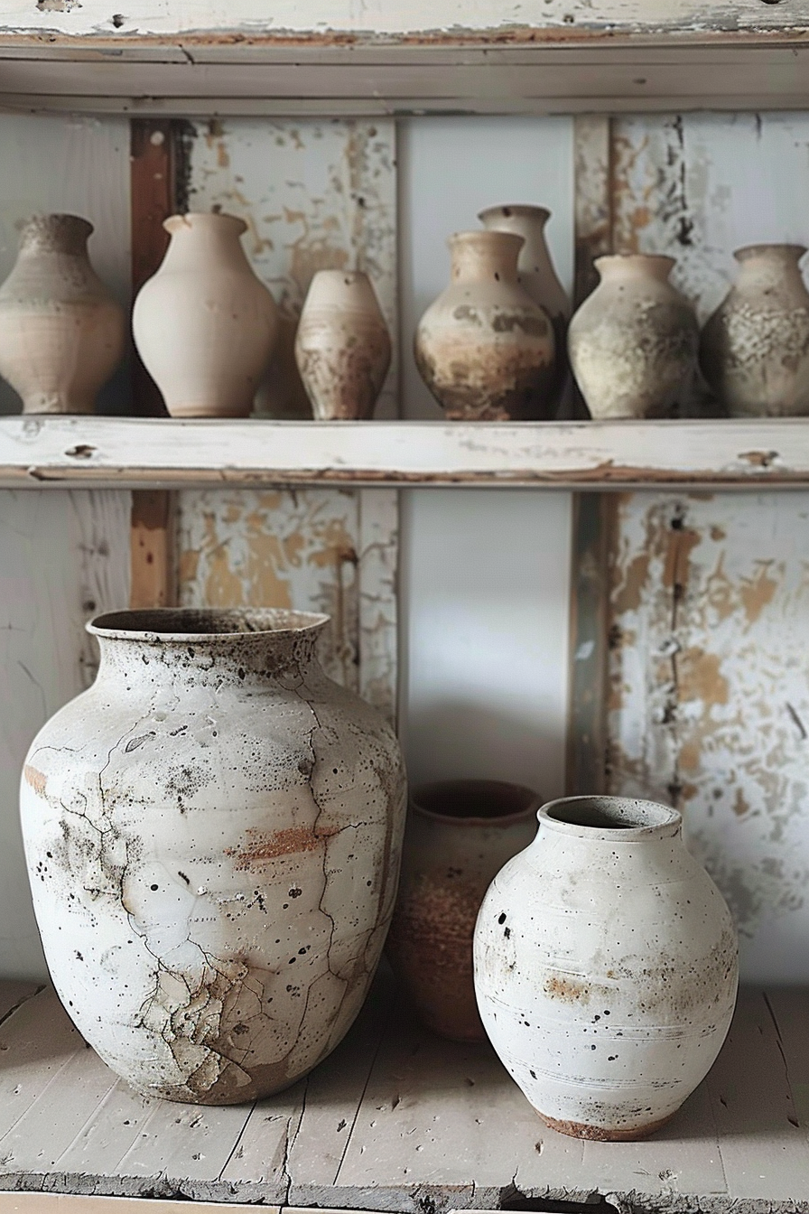 The image shows a collection of ceramic pots in various sizes and shapes on a wooden shelf. The pots appear aged with a textured, speckled finish and some have visible cracks, suggesting an antique or rustic style. The shelf itself appears worn, with peeling paint, contributing to the vintage aesthetic of the scene. Alt text: Aged ceramic pots on a distressed wooden shelf, conveying a rustic and antique feel.
