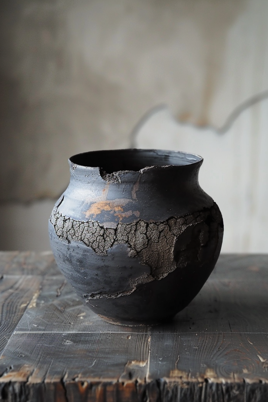 The image shows a black, weathered clay pot with a textured surface, featuring cracks and patches where the underlying clay color is exposed. The pot is set against a neutral background, resting on a rustic, dark wooden surface with visible grain and texture. Weathered black clay pot with a cracked surface on a wooden tabletop.