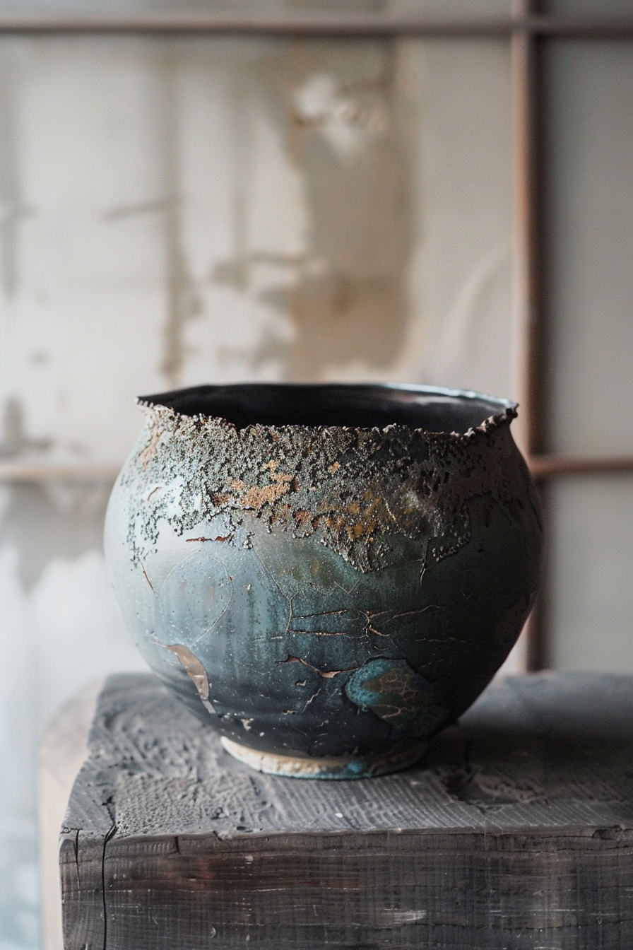 The image shows a close-up of a ceramic pot with a textured and weathered exterior, featuring various hues of blue and rust. The pot has a rough and uneven rim, indicating either an intentional design or wear over time. It sits on a wooden surface with visible grain patterns, and the background is blurred with indistinct shapes that could be furniture or walls in a room suggestive of a rustic or artisanal setting. Ceramic pot with a blue and rust glaze on a wooden surface with a blurred background.