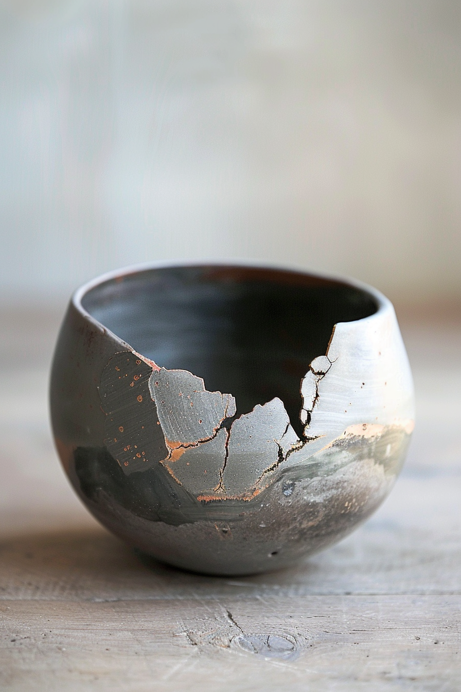 The image shows a close-up of a ceramic bowl with an intriguing pattern. The bowl has a dark, glossy interior and a textured outer surface featuring shades of gray with uneven, rust-colored lines, resembling a crackle glaze or perhaps an intentional decorative technique known as kintsugi, where breaks are mended with gold. The bowl sits on a wooden surface with soft focus in the background, giving the photo a calm, artistic vibe. Handcrafted ceramic bowl with kintsugi-inspired design on wooden surface.