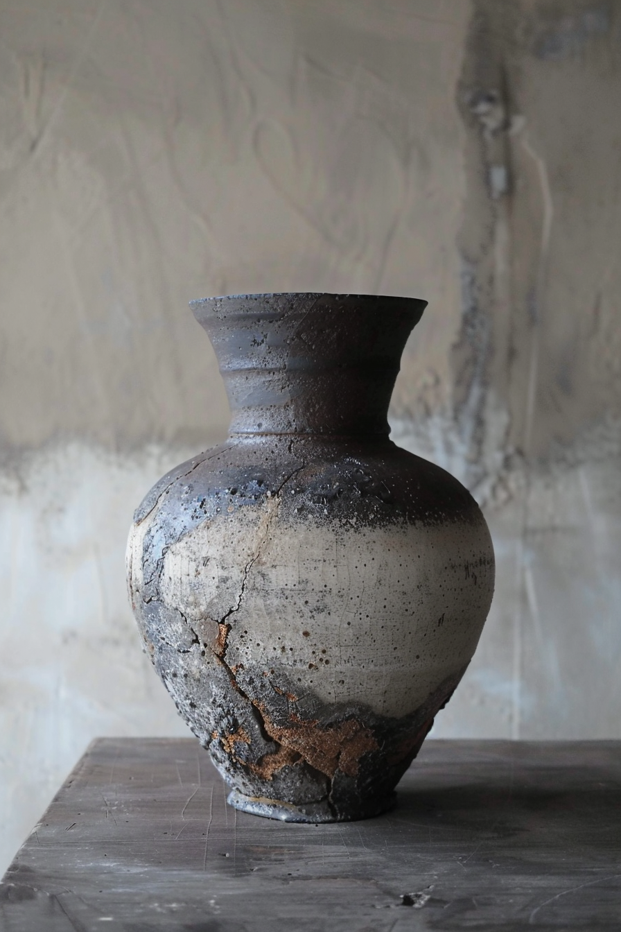 The image shows a large, weathered ceramic vase with a visibly crackled and distressed surface, featuring a variety of gray tones. It is sitting on a wooden table against a textured, neutral-colored wall. Rustic ceramic vase with a crackled glaze on a wooden table against a textured wall.