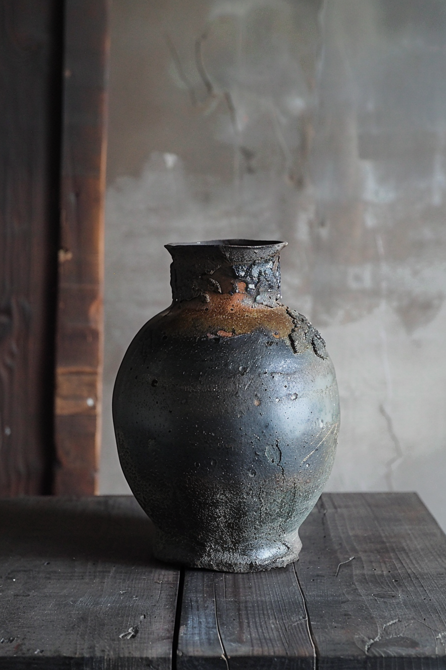 The image shows an old ceramic jug with a rustic appearance, sitting on a wooden table. The background is a neutral-colored wall with a blend of gray tones showing very slight crack lines, creating a textured look. The jug has a variety of colors including dark gray, brown, and patches of rust-like coloration, likely from the firing process or age. The surface of the jug is textured with several small bumps and irregularities, which give it an antique and handmade character. The lighting on the jug is soft and diffused, enhancing its contours and texture. Rustic ceramic jug on a wooden table with a textured gray background.