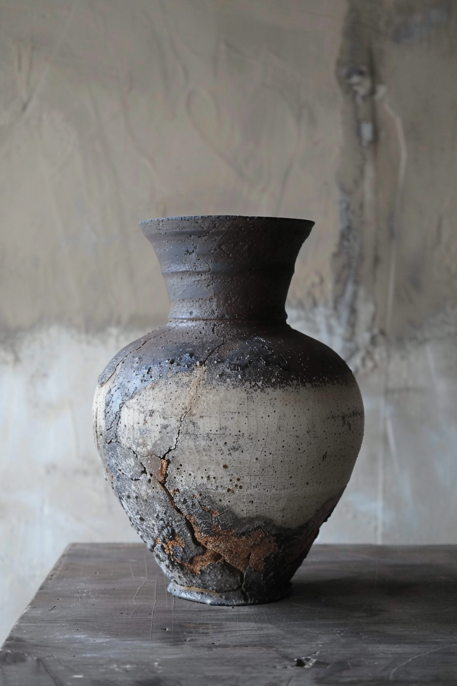 The image shows a weathered ceramic vase with a crack and chipped surface, placed on a wooden table against a textured wall. Cracked ceramic vase on wooden surface with distressed wall background.