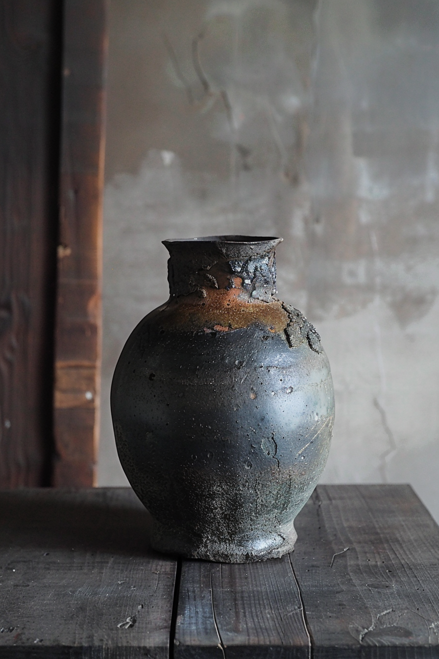 The image shows a rustic, textured pottery vase with a chipped upper rim, placed on a wooden surface against a blurred background of a wall with muted colors. The vase has a rough texture with variations in color from dark gray at the bottom to a rust-like hue at the top. Aged pottery vase with chipped rim on wooden table against a textured wall.