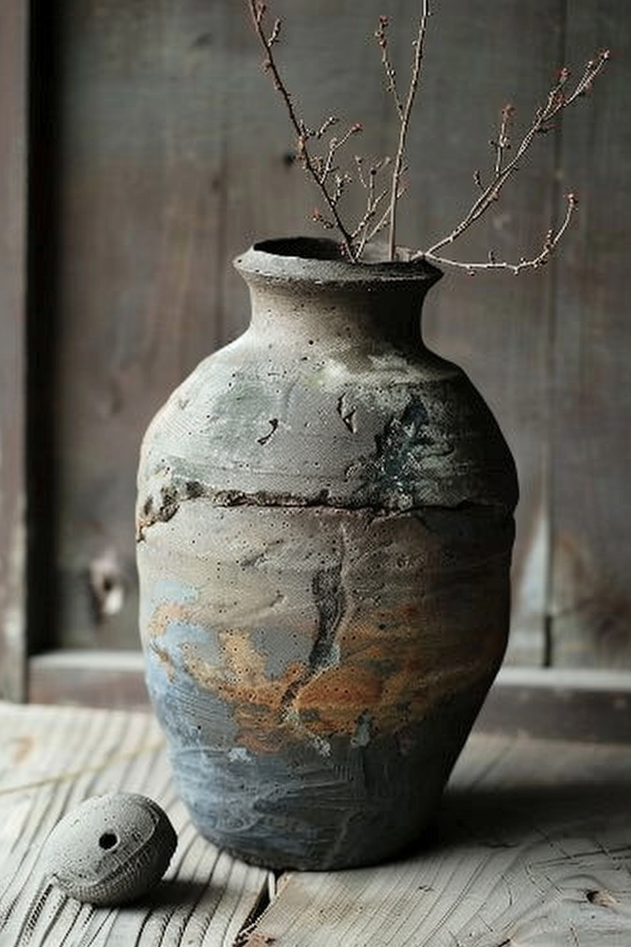 The image shows a textured ceramic vase with a muted palette of grays, blues, and touches of orange. It has a rustic, handmade appeal and is set against a wooden surface with a dark wooden backdrop. A few delicate, bare twigs protrude from the vase, which adds to the natural, minimalist aesthetic. Beside the vase, there is a small, round ceramic object with holes, possibly a lid or a decorative element. Rustic ceramic vase with bare twigs on a wooden surface against a dark background.