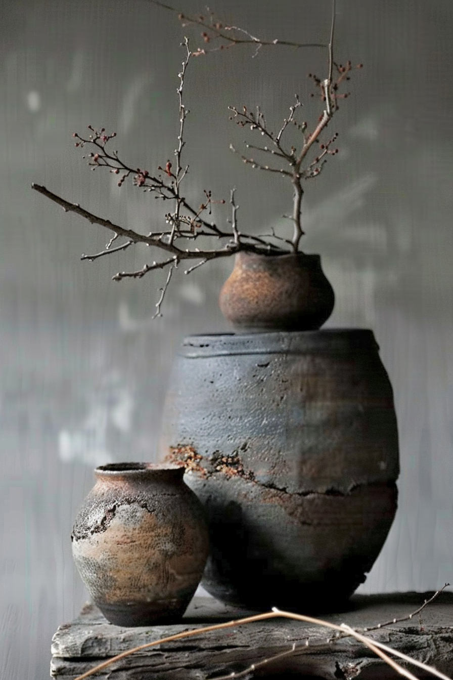 In the image, there are two textured, rustic pottery pieces on a weathered piece of wood. The larger pot is dark and round at the base with a narrower top, while the other is smaller and rounder with a wider opening. A sparse branch with tiny buds protrudes from the large vessel, giving the scene an austere, tranquil feel. The background is blurred and neutral in color, focusing attention on the textured surface of the vessels and the delicate twigs. Rustic pottery with a branch on a wooden surface, set against a blurred background.