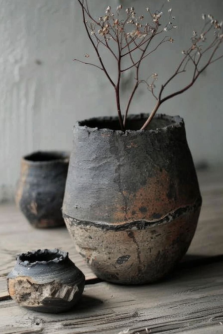 The image shows three rustic ceramic pots of varying sizes on a wooden surface against a pale background. The largest pot contains delicate dried branches with tiny leaves, emphasizing a natural and minimalist aesthetic. Handcrafted ceramic pots with dried branches on a wooden table.