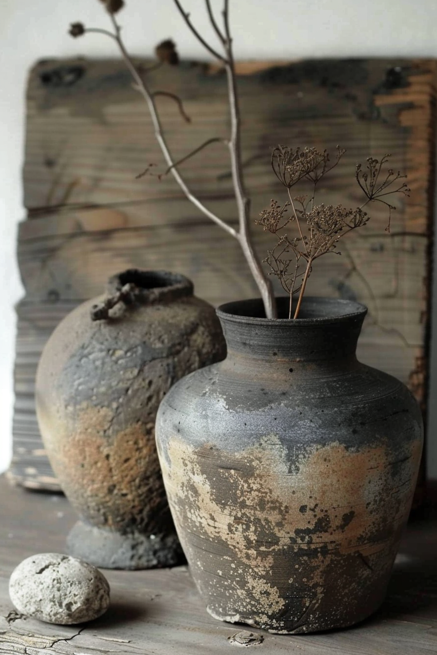 In the image, you see a rustic still life arrangement featuring two ceramic pots with textured and weathered surfaces. The pot in the foreground is smaller and contains delicate, dried plant stems with tiny, branching flowers. Behind it, a larger pot with a visibly broken neck sits empty. A round, pitted stone rests on the wooden surface near the pots. The background includes a wooden board with painted stripes, subtly complementing the overall earthy tones and textures of the scene. Rustic ceramic pots with dried plants on a wooden surface against a striped backdrop.