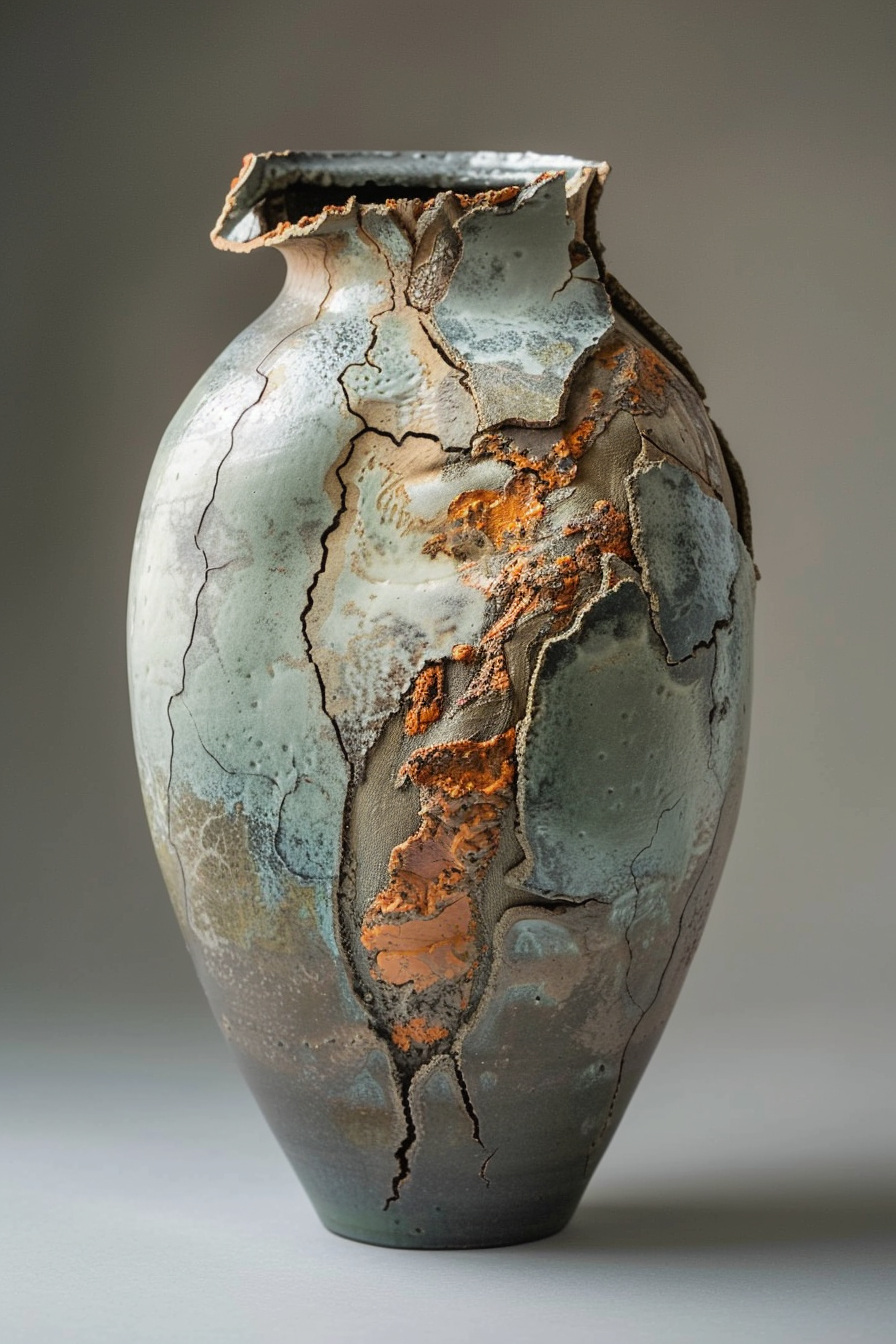 The image shows a close-up of a textured ceramic vase with an irregular opening. The vase's surface features a mix of earthy tones, including rust, grey, and muted green hues, with crackle patterns and areas that resemble corrosion adding to its rustic aesthetic. Textured ceramic vase with a rustic, earthy finish and irregular crackle patterns.